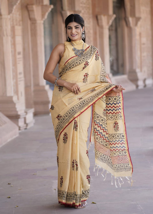 CHANDERI BLOCK PRINTED COTTON SAREE