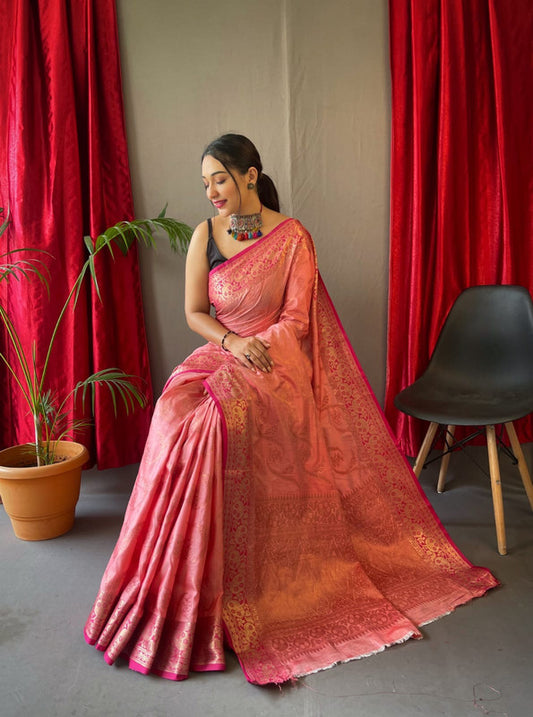 PURE COTTON LINEN SAREE WITH  COPPER AND ROSE  GOLD ZARI