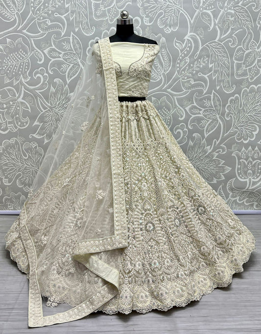 Cream Coloured Premium Net with Dori Zircon Diamond Sequins work Woman Wedding Designer Party wear  Lehenga Choli & Dupatta!!