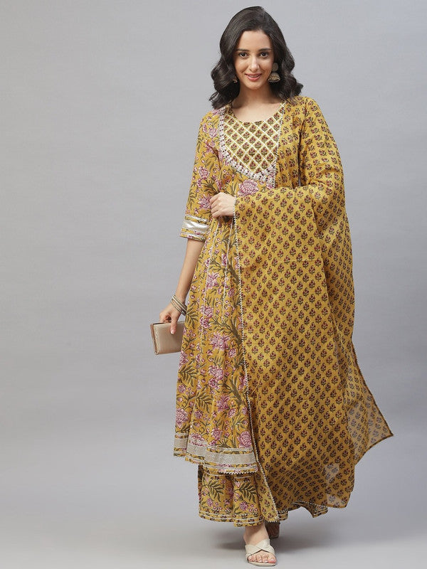 Mustard Yellow Coloured Pure Cotton Floral Printed Gotta Patti Work Women Designer Party wear Anarkali Kurta with Pallazo & Dupatta!!