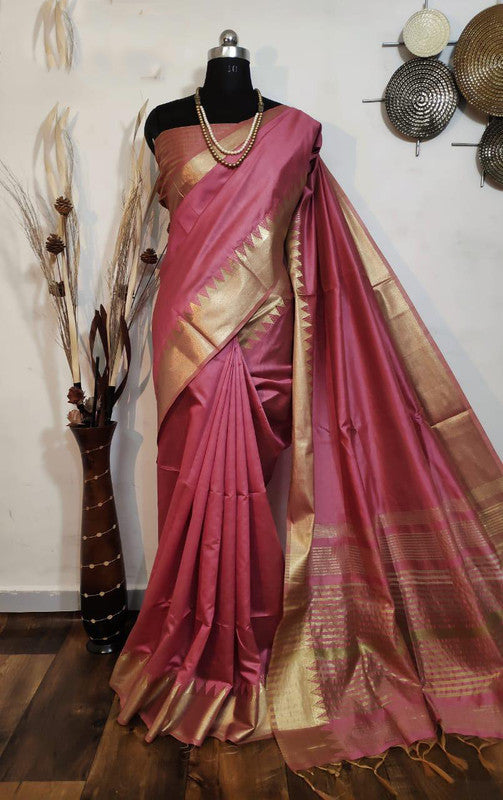 Pink & Gold Coloured Aasam Silk Weaving saree with Zari woven Temple Border Women Designer Party wear Silk Saree with Blouse!!