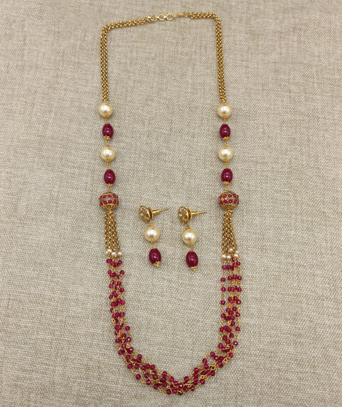 Beautiful Gold & Multi Coloured Premium Quality Pure Brass with Pearls Gold Plating Long Designer Mala Jewellery set with Earrings!!