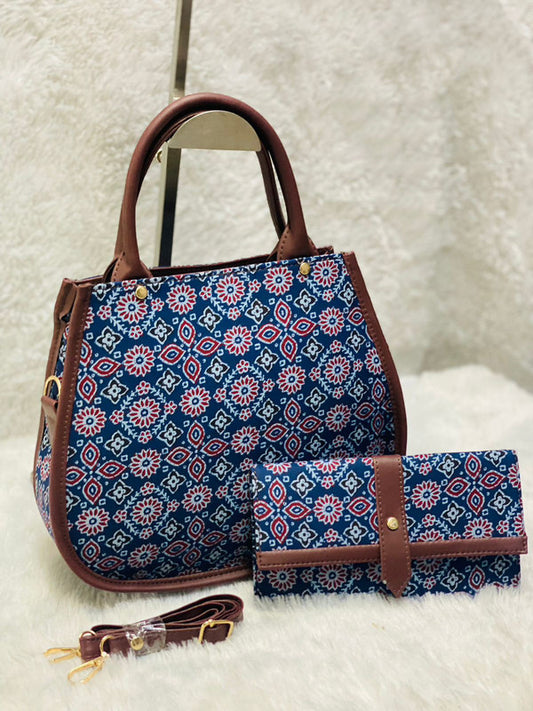 Blue & Multi Coloured Beautiful Hand Printed Cotton Long Belt Women HandBang with Clutch Bag- 2 Pcs Combo!!