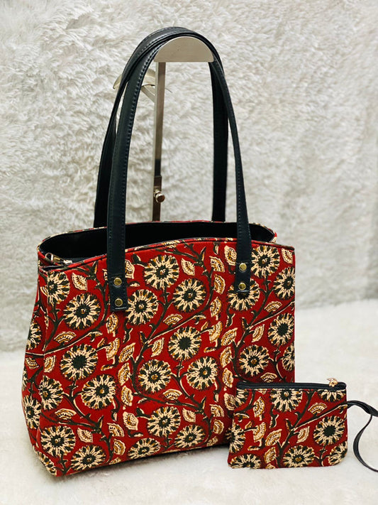 Brick Red & Multi Coloured Pure Cotton Hand Block Printed Triple Partition Women Hand Bang with Pouch!!