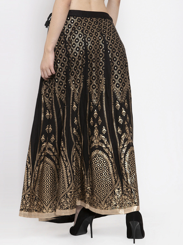 Gold Print Black coloured Rayon Skirt Free Size( 28 to 40 Inch)!!