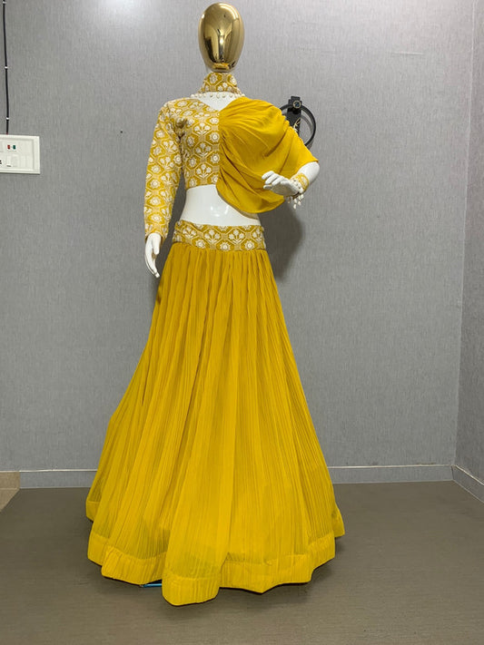 Yellow Coloured Faux Georgette with Embroidery work Party wear Crop Top with Lehenga & Accessories!!