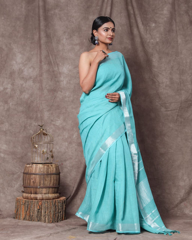 Aqua Blue Coloured Linen Cotton with Beautiful Jari Border Women Party/Daily wear Designer Linen Cotton Saree with Blouse!!