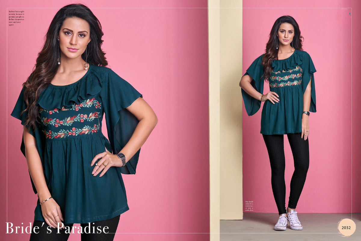 Green Coloured Designer Rayon Embroidered Short Top!!