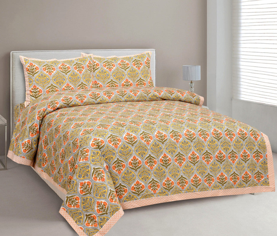 Orange & Multi Coloured Pure Cotton Beautiful Hand Printed Queen size Double Bed sheet with 2 Pillow covers!!