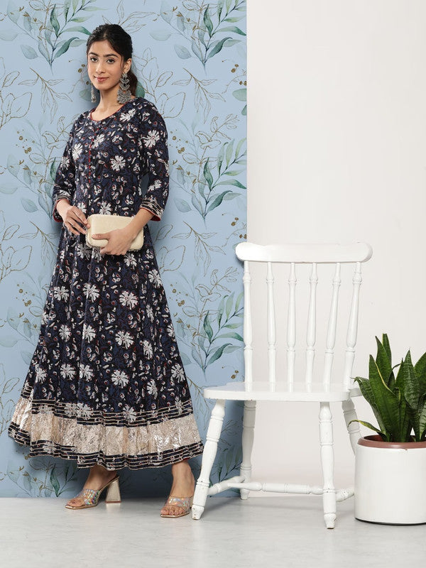 Navy Blue & White Cotton Floral Printed Gotta Patti Designer Anarkali Kurti!!