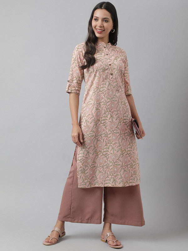 Peach & Multi Coloured Floral Printed Mandarin collar Roll-up Sleeves Women Designer Party/Daily wear Cotton Straight Shape Kurti!!