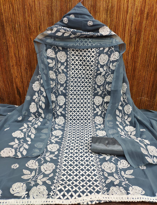 Grey Coloured Exclusive Georgette Lucknow Chickankari Embroidery work Dress Material Suit!!