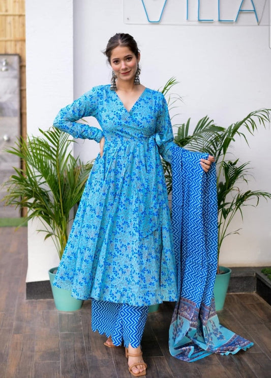 Blue Coloured Premium Rayon Cotton Digital Printed Women Designer Party wear Anarkali Kurti with Palazzo & Dupatta!!