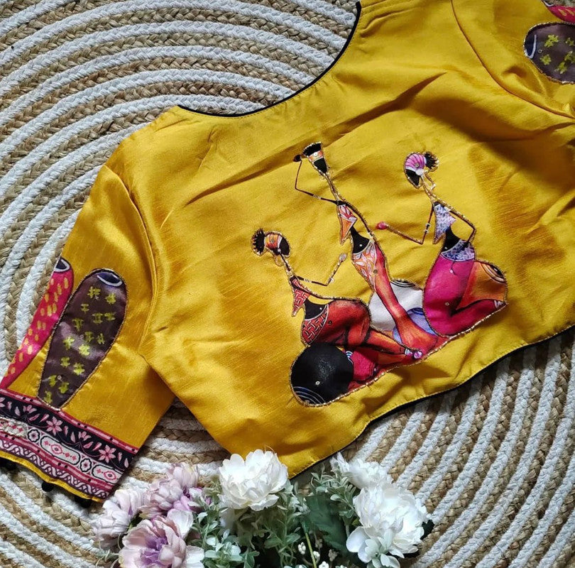 Yellow & Multi Coloured Pure Silk with Digital Printed & Hand work Woman Ready made Designer Botique Style Navaratri Concept Blouse- Free Size Up to 42 Inch!!