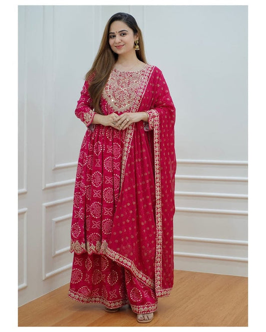 Pink Coloured Rayon with Embroidery Mirror Work Women Designer Party Anarkali Gown Kurti with Sharara & Dupatta!!