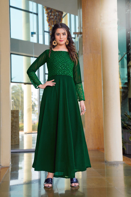 Dark Green Coloured Heavy Georgette With Schiffli Work Designer Party wear Long Full Flair Gown Kurti with Long Sleeves!!