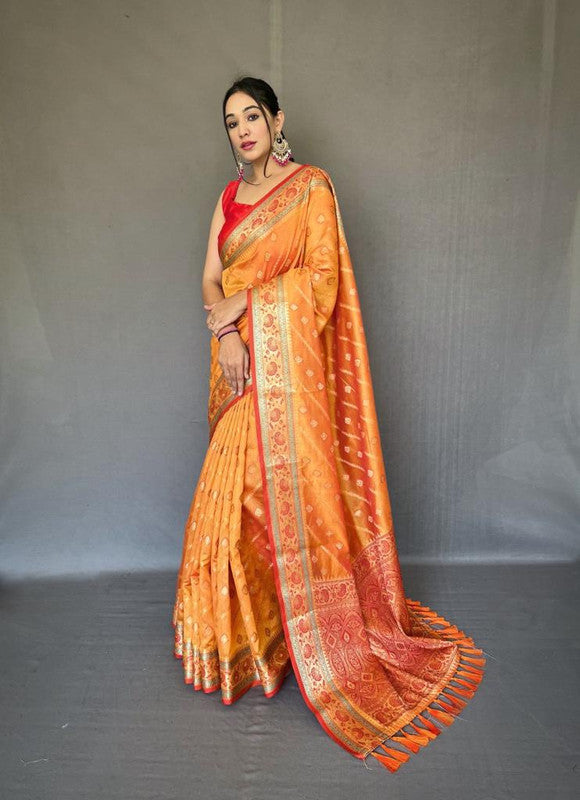 Orange & Multi Coloured Gold Zari Weaving with Rich Pallu & Meenakari Border Women Party wear Pure Silk Saree with Blouse!!