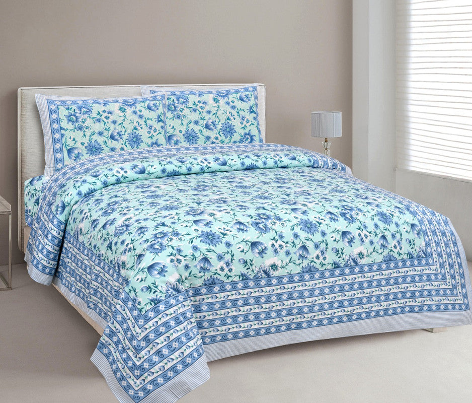 Blue Coloured Cotton Hand Print Queen size Double Bed sheet with Pillow covers!!