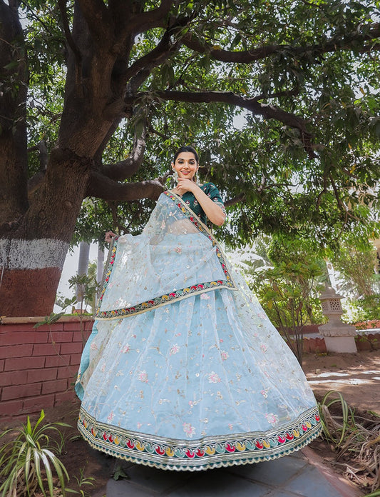 Green & Sky Blue Coloured Organza with Thread Embroidery work with lace border Woman Wedding Designer Party wear  Lehenga Choli with Dupatta!!