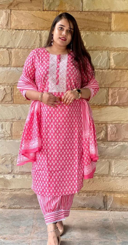 Pink coloured Embroidery kurti with Pant and Dupatta!!