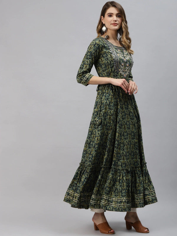 Green Coloured Ethnic Motifs Printed Gotta Patti Round neck 3/4 Sleeves Women Designer Party wear Pure Cotton Anarkali Kurti!!