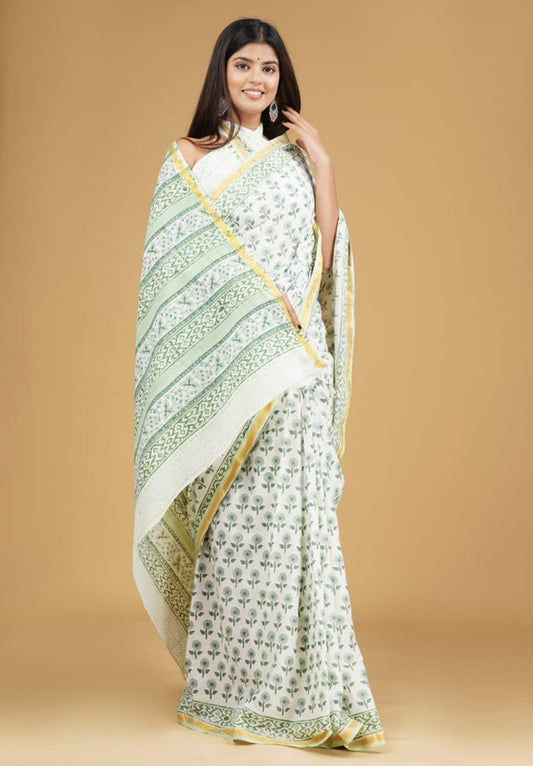 Light Green Coloured Cotton Jari Border Saree with Blouse!!