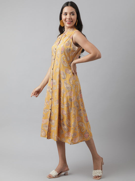 Mustard Yellow Coloured Pure Cotton Floral Print A-Line Shirt collar Sleeveless Women Party/Daily wear Western Midi Dress!!