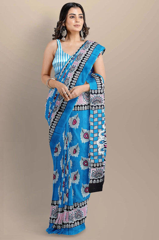 Sky Blue & Multi Coloured Premium Mul Mul Cotton Beautiful Hand Block printed Women Daily/Party wear Saree with Blouse!!