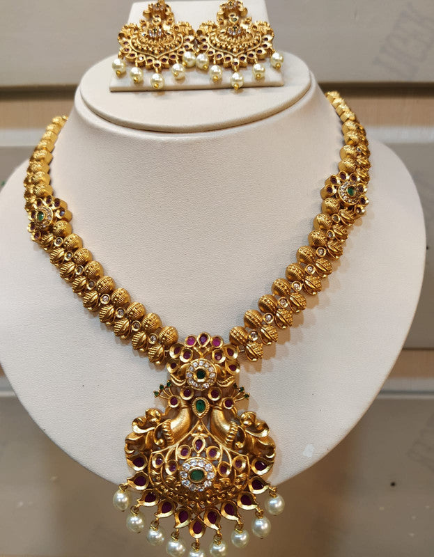 Exclusive Plain Gold Ruby with Emrald Peacock Necklace set with Ear Rings!!