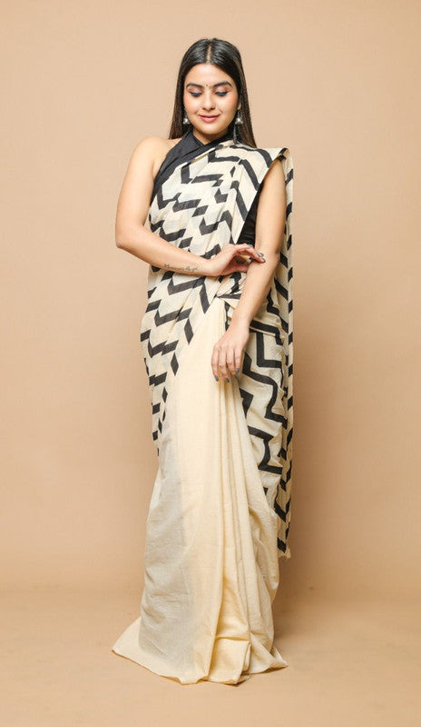 Beige & Black Coloured Exclusive Hand Printed Mul Cotton Saree with Blouse!!