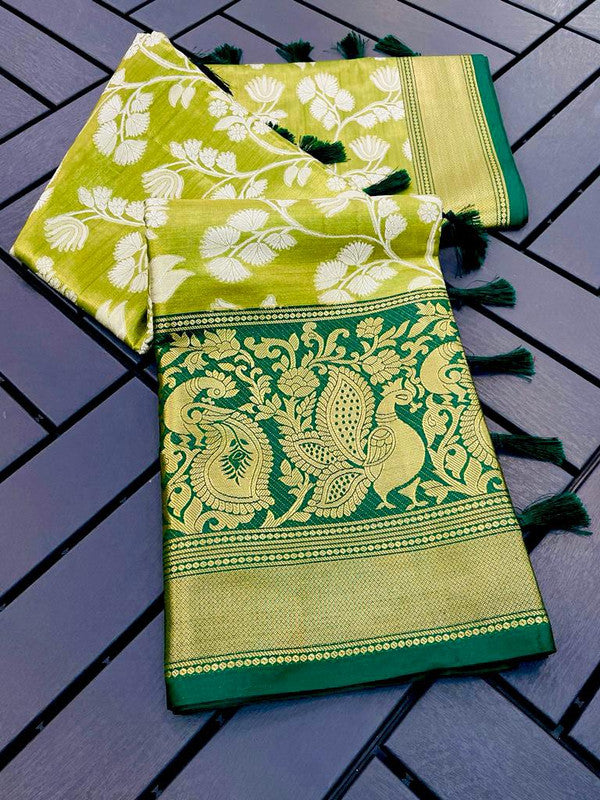 Parrot Green & Green Coloured Banarasi Handloom Pattu Heavy Multi Zari Women Party wear Designer Tissue Silk Saree with Blouse!!