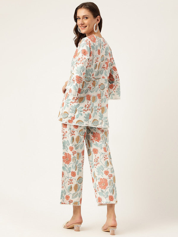 Blue & Pink Coloured Floral Printed V Neck 3/4 Sleeves Women Designer Party wear Pure Cotton Tunic & Trousers Co-Ords!!