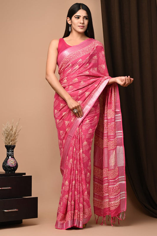 Latest Attractive Beautiful Designer Hand Block Print Linen Saree