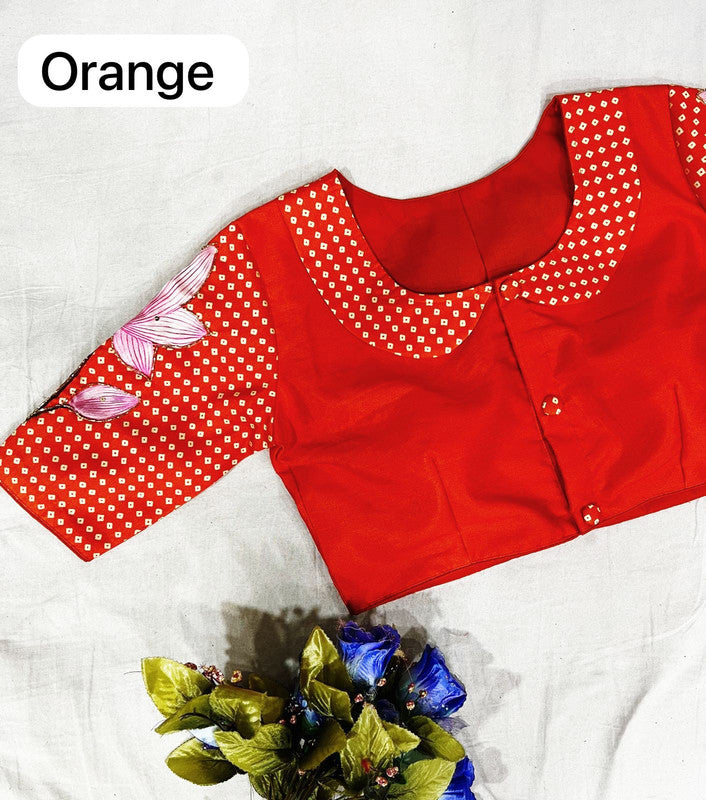 Orange Coloured Pure Silk with Handmade work  Woman Ready made Designer Botique Style Blouse- Free Size Up to 42 Inch!!