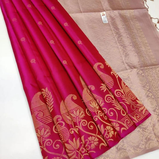 Red & Multi Coloured Flower Motifs with Kerry designs Women Party wear Soft Lichi Kanchipuram Silk Saree with Blouse!!