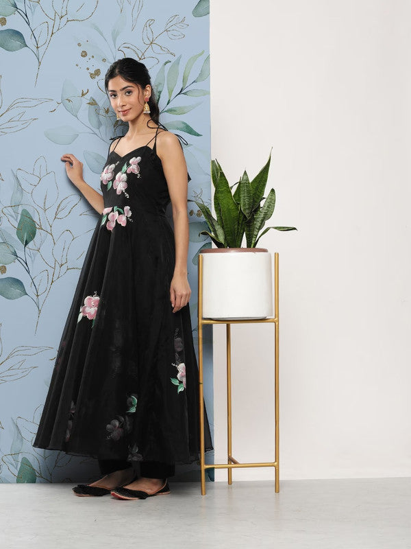 Black Organza Floral Printed Anarkali Kurta with Trousers & With Dupatta!!