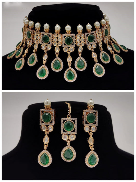 Premium Quality Green Gold Plating Kundan Jewellery Necklace set with Earrings & Matha Patti!!