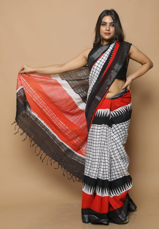 LINEN COTTON HAND BLOCK PRINT SAREE