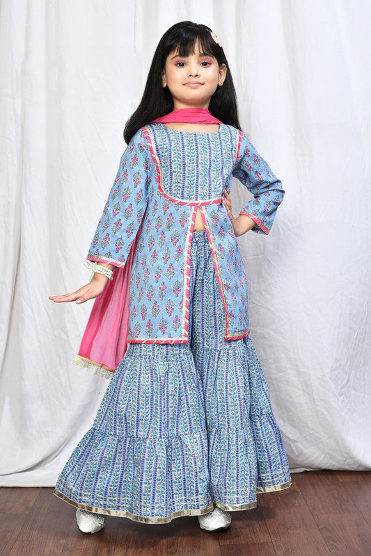 Blue & Multi Coloured Premium Rayon Cotton with Digital Print & Lace Work Girls Kids Designer Party wear Top with Palazzo & Dupatta!!