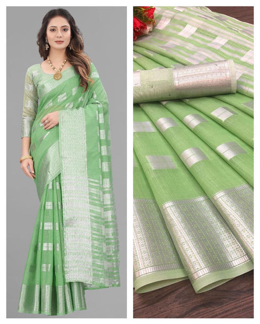 Soft Linen Silk Saree With Sliver Zari And  With Pallu