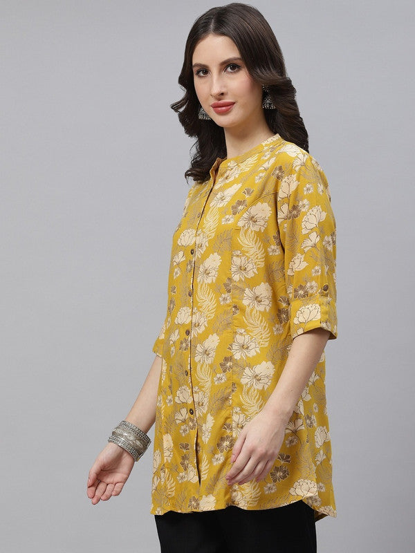 Mustard Yellow & Beige Floral print, Mandarin collar shirt style top!!