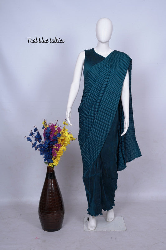 Teal Blue Coloured Exclusive Soft Light Weight Crush Silk Saree with Blouse!!