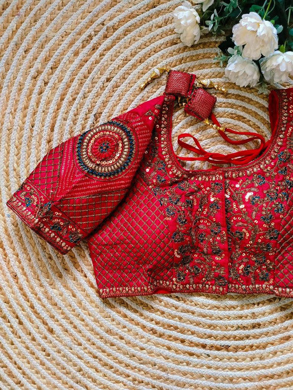 Red Coloured Premium Heavy Milan Silk Copper Jari Heavy Embroidery work  Woman Ready made Designer Bridal Blouse- Free Size Up to 46 Inch!!