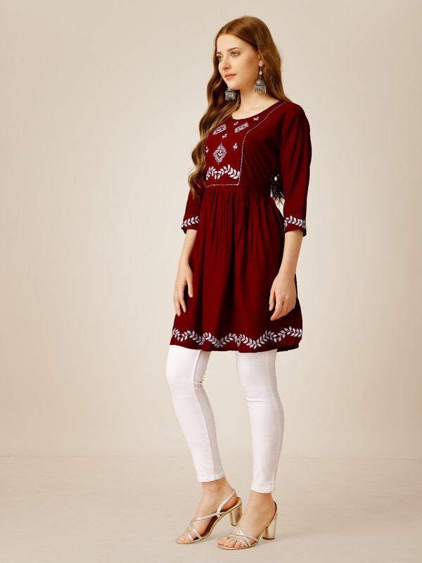 Marron Coloured Premium Rayon with Embroidery & Sequence Work Round Neck 3/4 Sleeves work Women Party/Daily wear Western Top!!