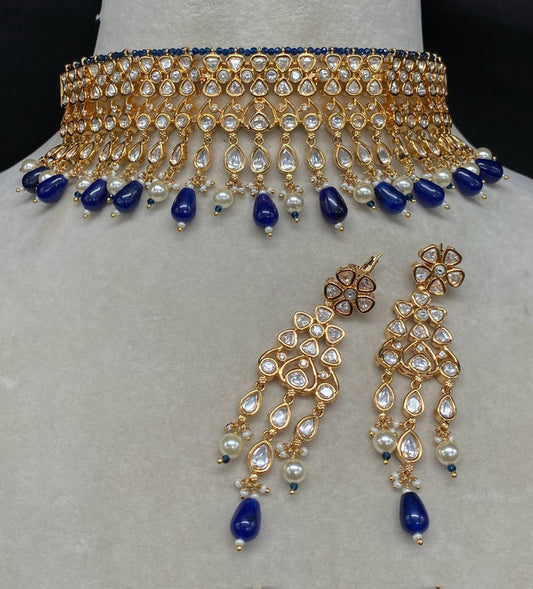 White & Blue Coloured Beautiful Premium Brass & Real Kundan with Pearls Women Gold Plating Choker Set with Long Earrings!!