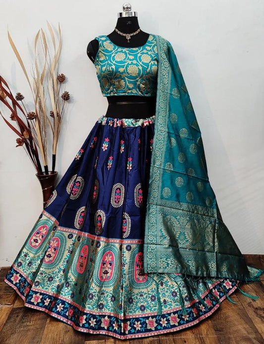 Blue & Green Coloured Designer Banarasi Lehenga Choli with Dupatta!!