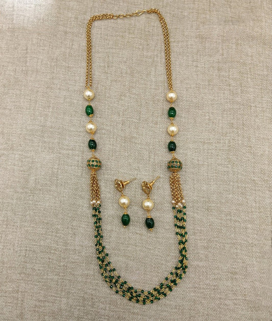 Green Exclusive Brass Gold Plating Pearls Mala set with Earrings!!