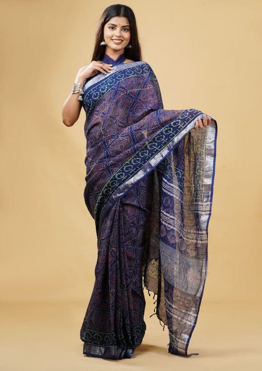 LINEN HAND BLOCK PRINT SAREE