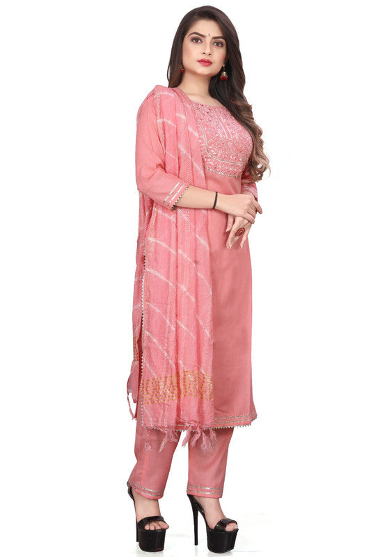 Pink Coloured Pure Cotton with Embroidery work Round Neck 3/4 Sleeves Women Fully Stitched Designer Party/Daily wear Kurti with Pant & Chanderi Dupatta!!