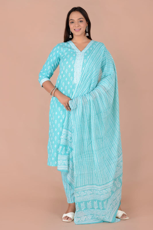 Aqua Blue & White Coloured Pure Cotton Printed Hand Work Women Fully Stitched Designer Party wear Suit with Pant & Dupatta!!